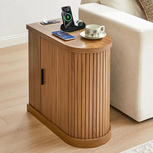 End Table, Narrow Side Table, Skinny Nightstand with Charging Station, MidCentury Modern Curved Fluted Bedside Table with Door from PriceLows™
