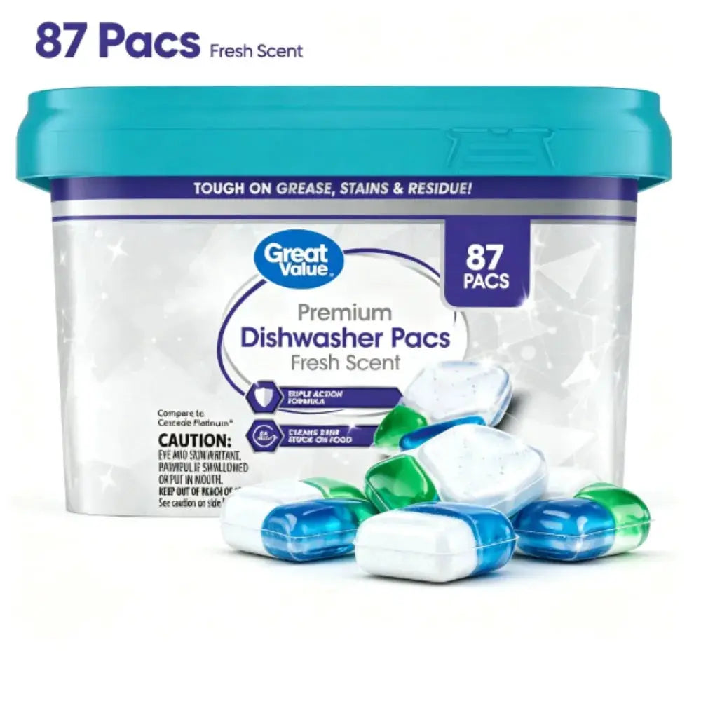 Great Value Dishwashing Tablets | Premium Formula | Fresh Scent | 87 Count