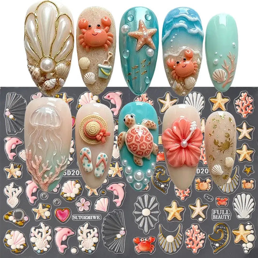2pcs 5D Embossed Ocean Nail Art Stickers 3D Decals Starfish Coral Seashell Dolphin Crab Summer Beach Nail Decorations Manicure from PriceLows™