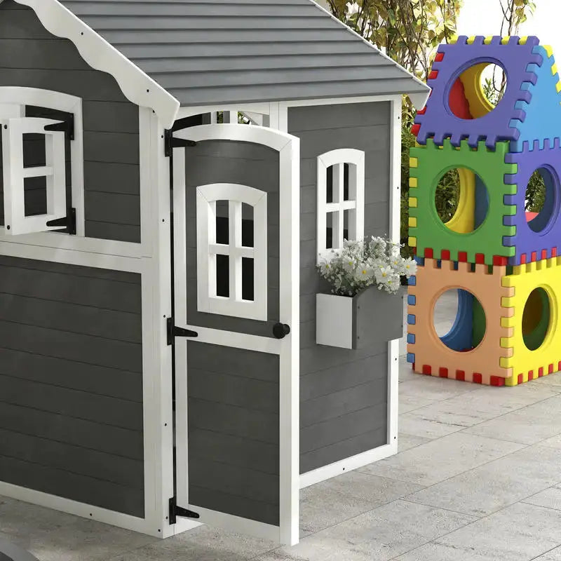 Outsunny Outdoor Wooden Playhouse for Kids with Floor, Door, Windows, Planter Box for 3-8 Years Old, Backyard, Lawn, Garden from PriceLows™