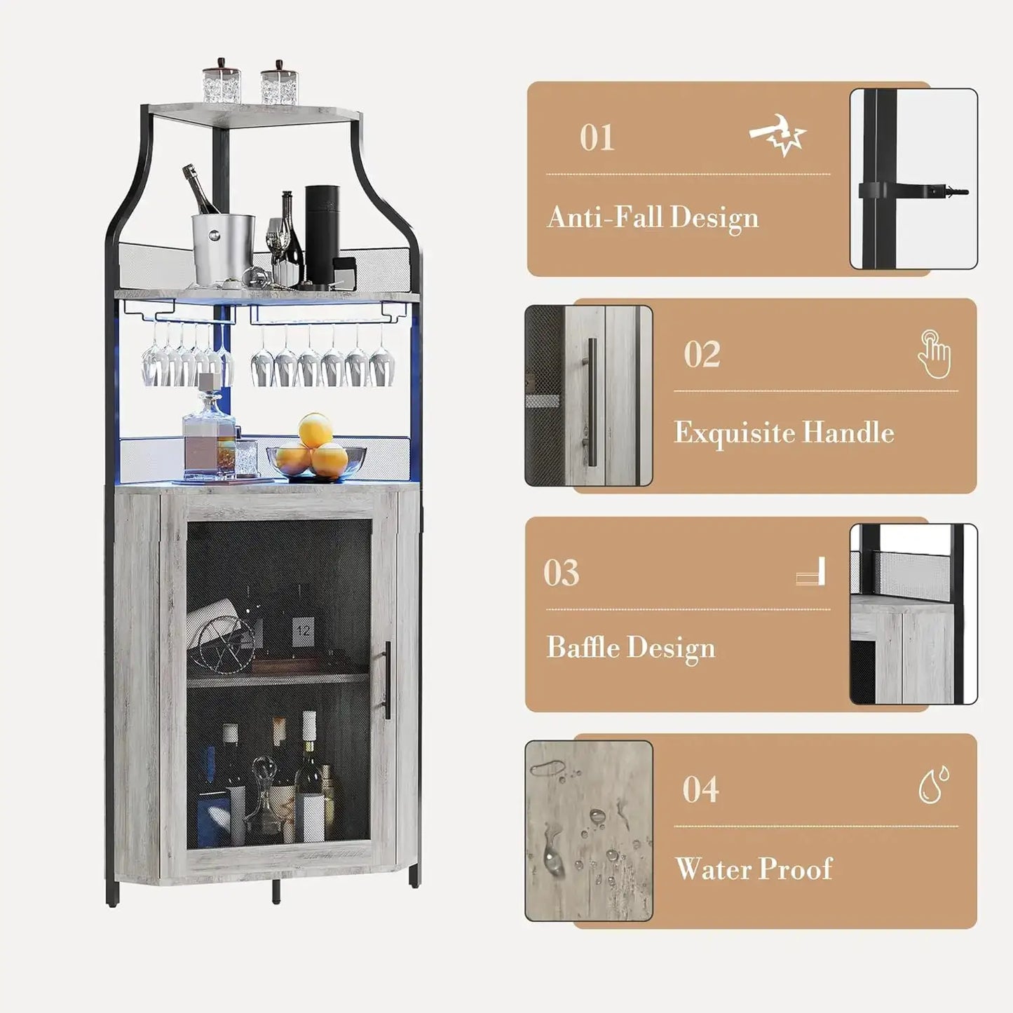 Corner Bar Cabinet Freestanding 5-Tier Wine & Spirits Rack with LED Lights Adjustable Shelves Glass Holder & Mesh Doors for Bar from PriceLows™