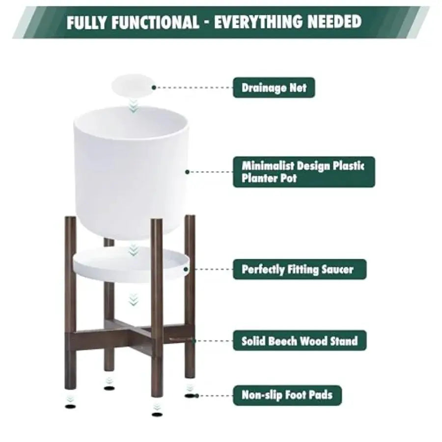 12 Inch Matte White Plastic Cylinder Planter with Walnut Wood Stand for Indoor Use Modern Decorative Flower Pot with Stable Bas from PriceLows™