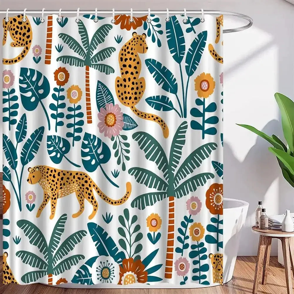 Boho Cheetah Shower Curtain,Tropical Leopard Wildlife Bath Curtain,Modern Pink Aesthetic Moon Phase Blue Floral Bathroom Curtain from PriceLows™