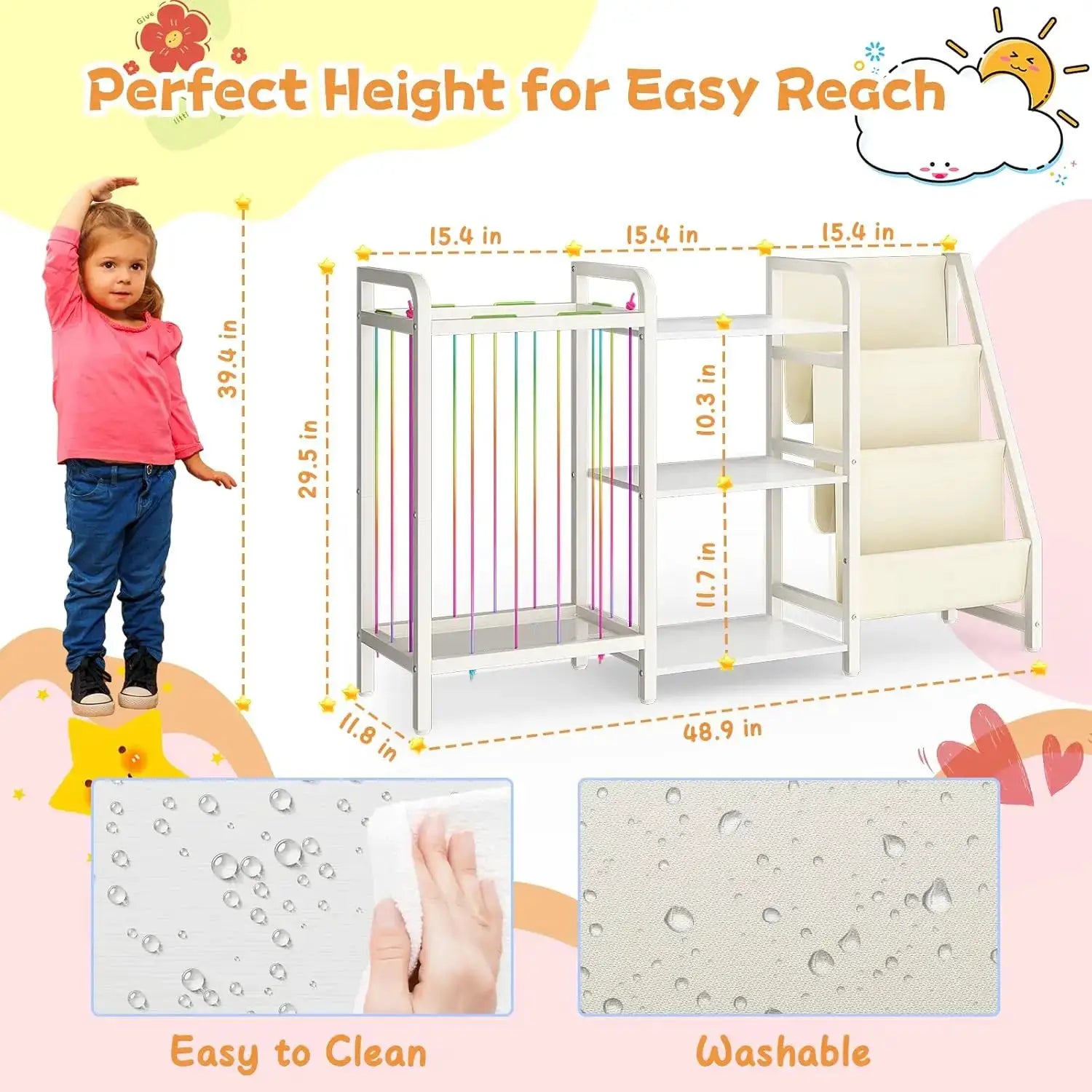 3-Tier Kids Bookshelf & Toy Storage, Sling Bookcase with Stuffed Animal Organizer, White from PriceLows™