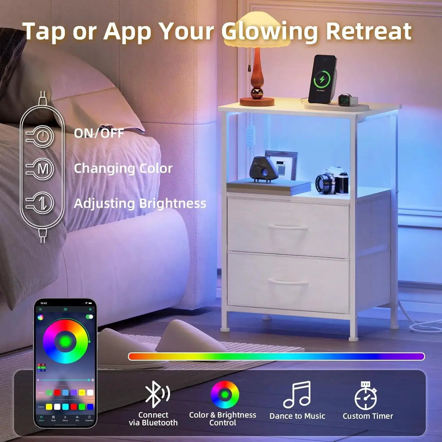 Set of 2 Nightstands with Charging Station, LED Lights, and Fabric Drawers for Bedroom in White Leather from PriceLows™