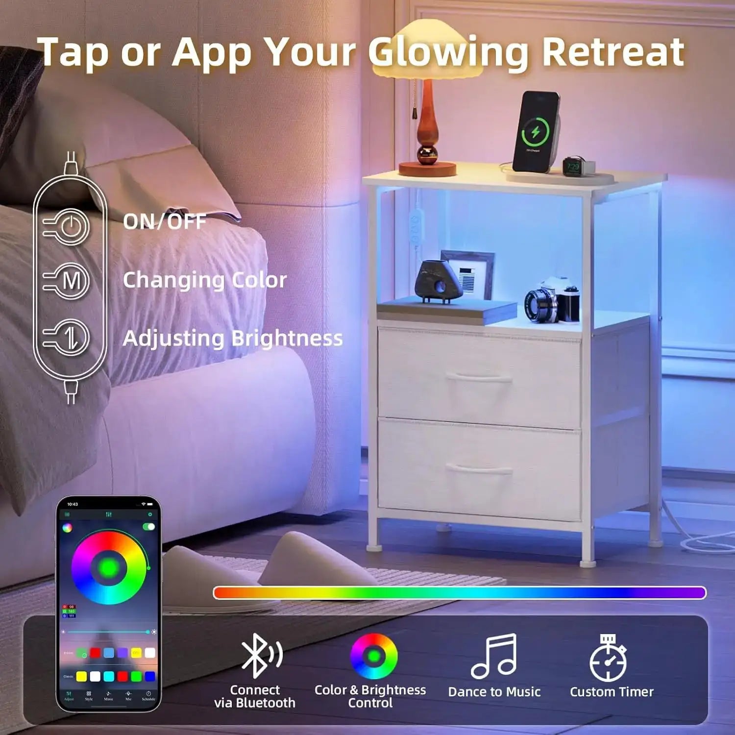 Set of 2 Nightstands with Charging Station, LED Lights, and Fabric Drawers for Bedroom in White Leather from PriceLows™