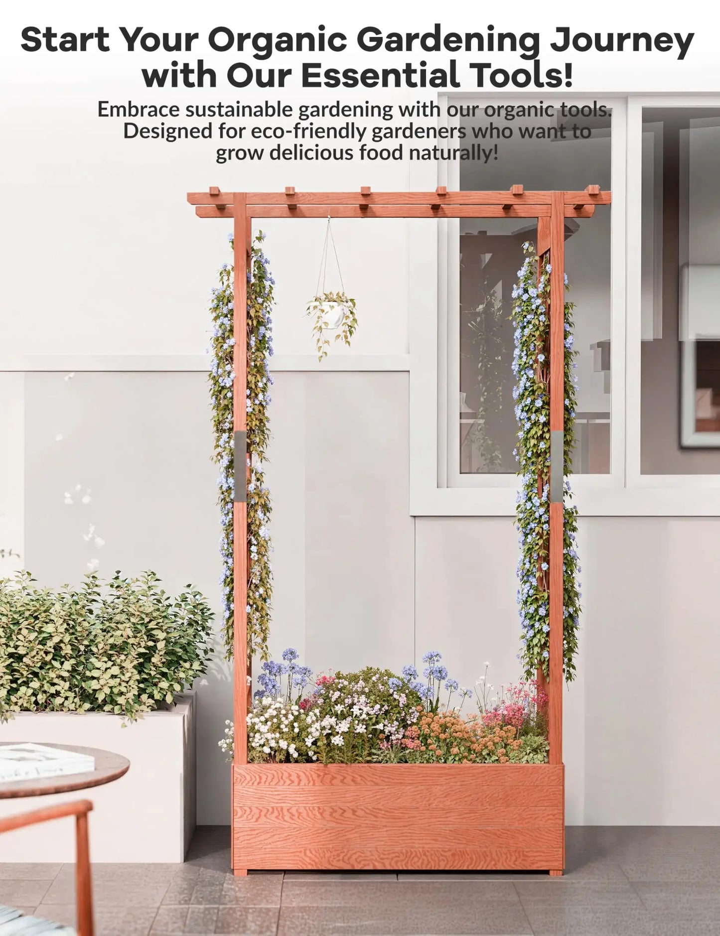 Elevated Wooden Raised Garden Bed with Trellis/Canopy/Drainage Hole Freestanding Planter Box for Climbing Plants Vines Blossoms from PriceLows™