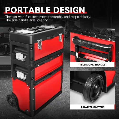Stackable Tool Box 3-Tier Tool Separate Organizer Rolling Tool Chest with Wheels 3-in-1 Upright Trolley for Garage or Workshop, from PriceLows™