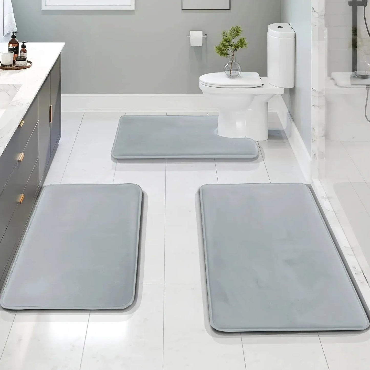 Set of 3 Durable Memory Foam Bath Mats with Non-Slip Features, Including a U-Shaped Mat And a Toilet from PriceLows™