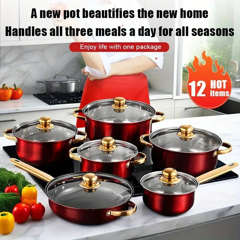 us12pcs Red Pot Set, Stainless Steel, Non-Stick Pan, Kitchen Cookware Set, Non-Stick Cooking Set, A Variety of Pots to Meet All Kitchen Needs, The Most Beautiful And Practical Gift for Mothersd from PriceLows™