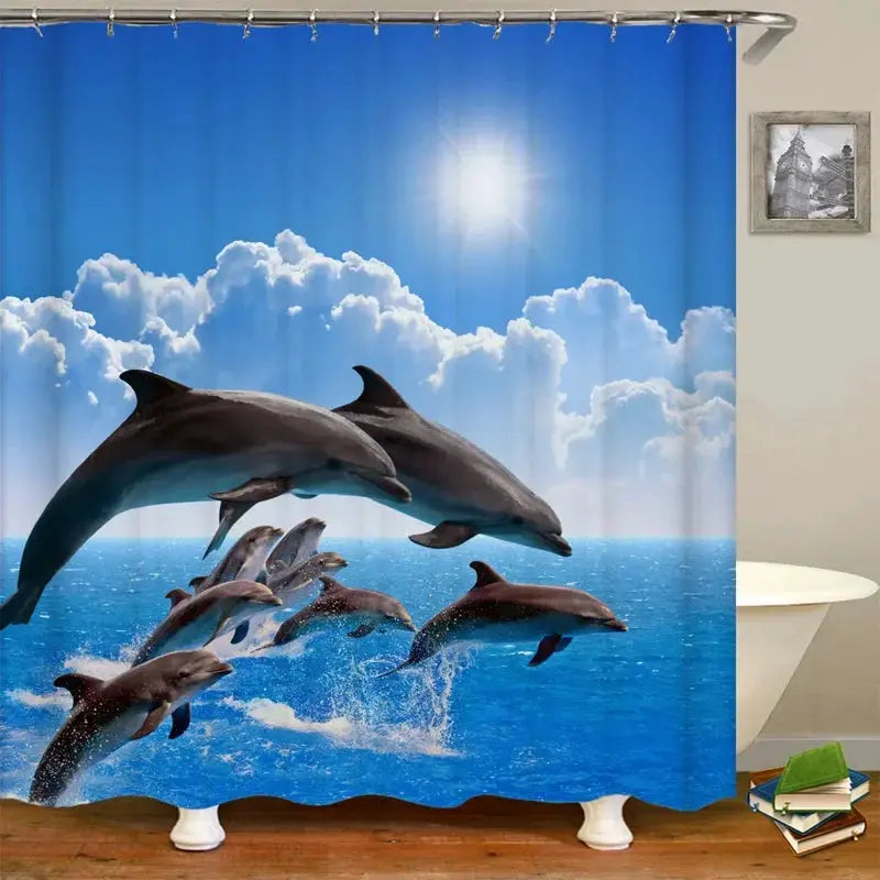 Dolphin Shower Curtain Sea Theme Shower Curtain Hook Washable Dolphin Waterproof 3D Animals Shower Curtain for Bathroom Decor from PriceLows™