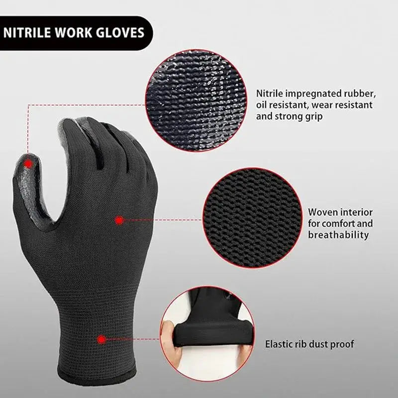 Durable Safety Gloves | Black Anti-Slip | Polyurethane Coated | 10 Pair Pack