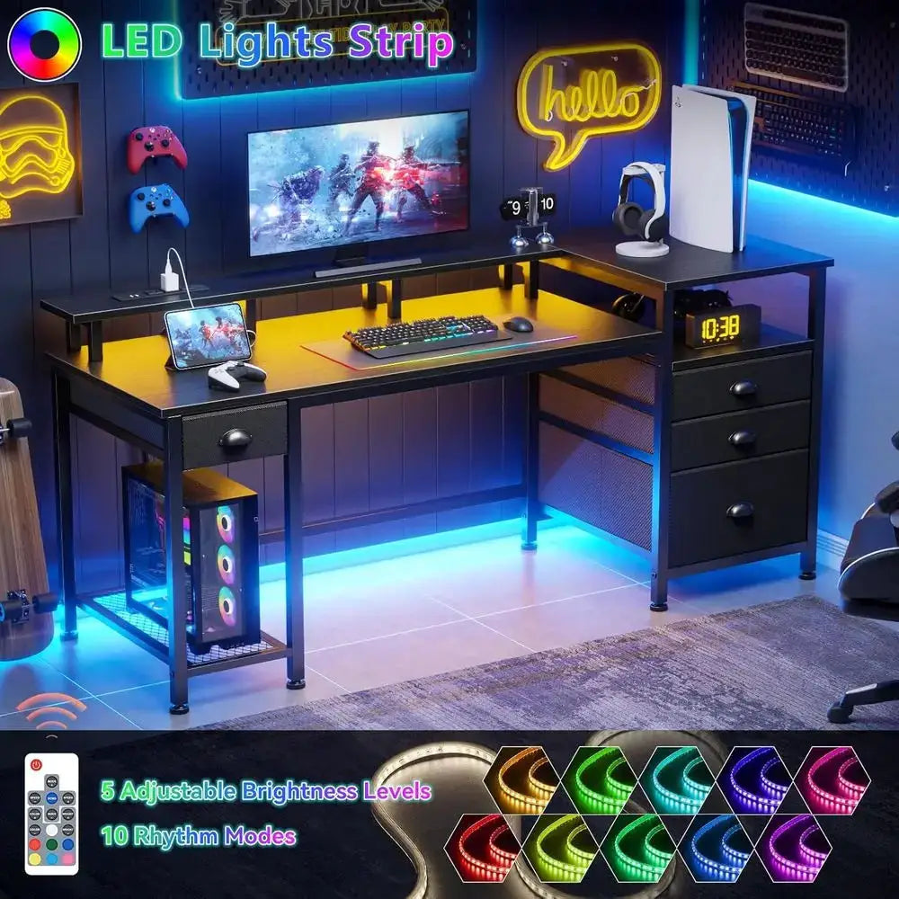 60" Black Computer Desk with 4 Drawers and Printer Space, Gaming Desk with LED Lights and USB Power Outlets, Home Office Desk wi from PriceLows™