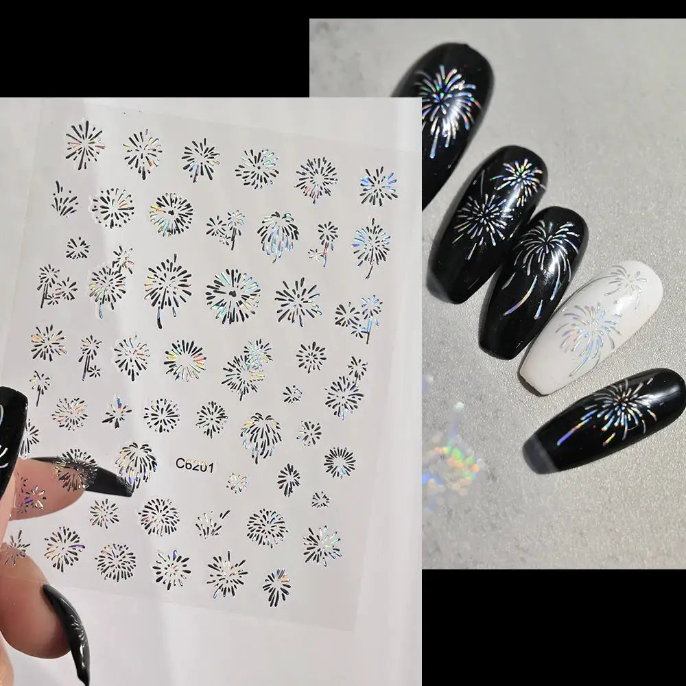 1PC Laser Fire work Nail Stickers 3D Self-Adhesive Blooming Fire-work Nail Decals New Year Firework Design Nail Slider 10*8cm from PriceLows™