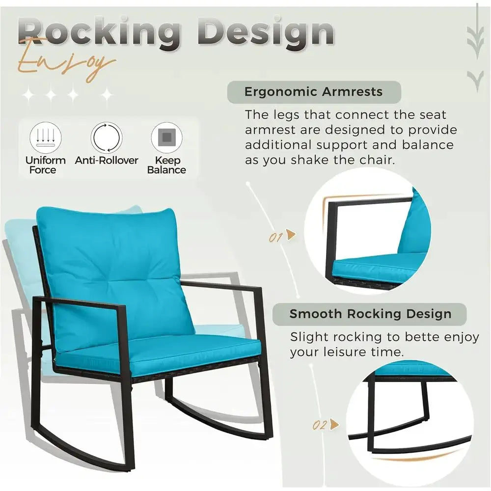 3-Piece Black Wicker Outdoor Rocking Bistro Set with Light Blue Cushions and Glass Coffee Table from PriceLows™