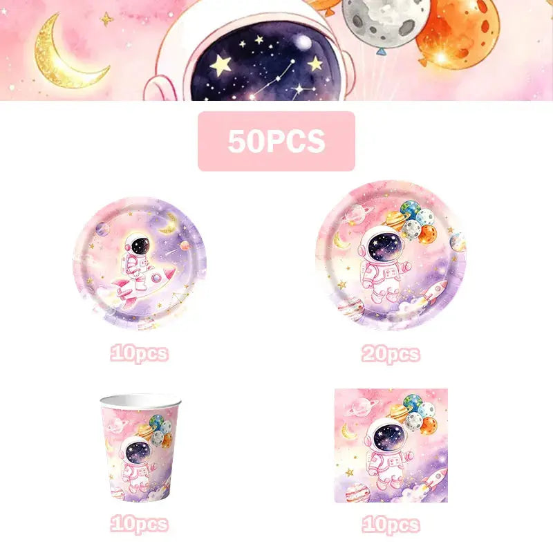 Astronaut Birthday Party Decoration Set | Pink Space | Banner Plate Cups | 61 Pcs