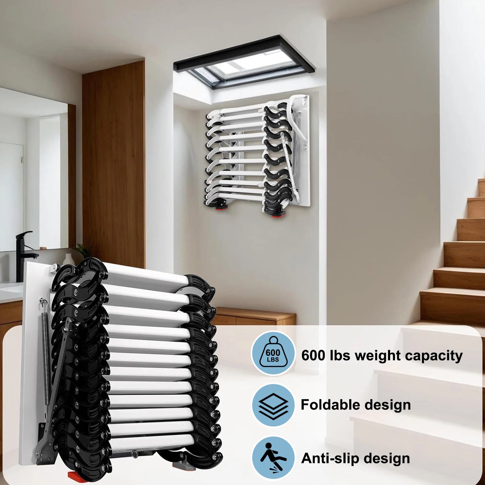 Telescopic Attic Ladder Heavy Duty 600lbs Capacity Collapsible Ladder with Handrails for Home Indoor Outdoor/Storehouse/Basement from PriceLows™