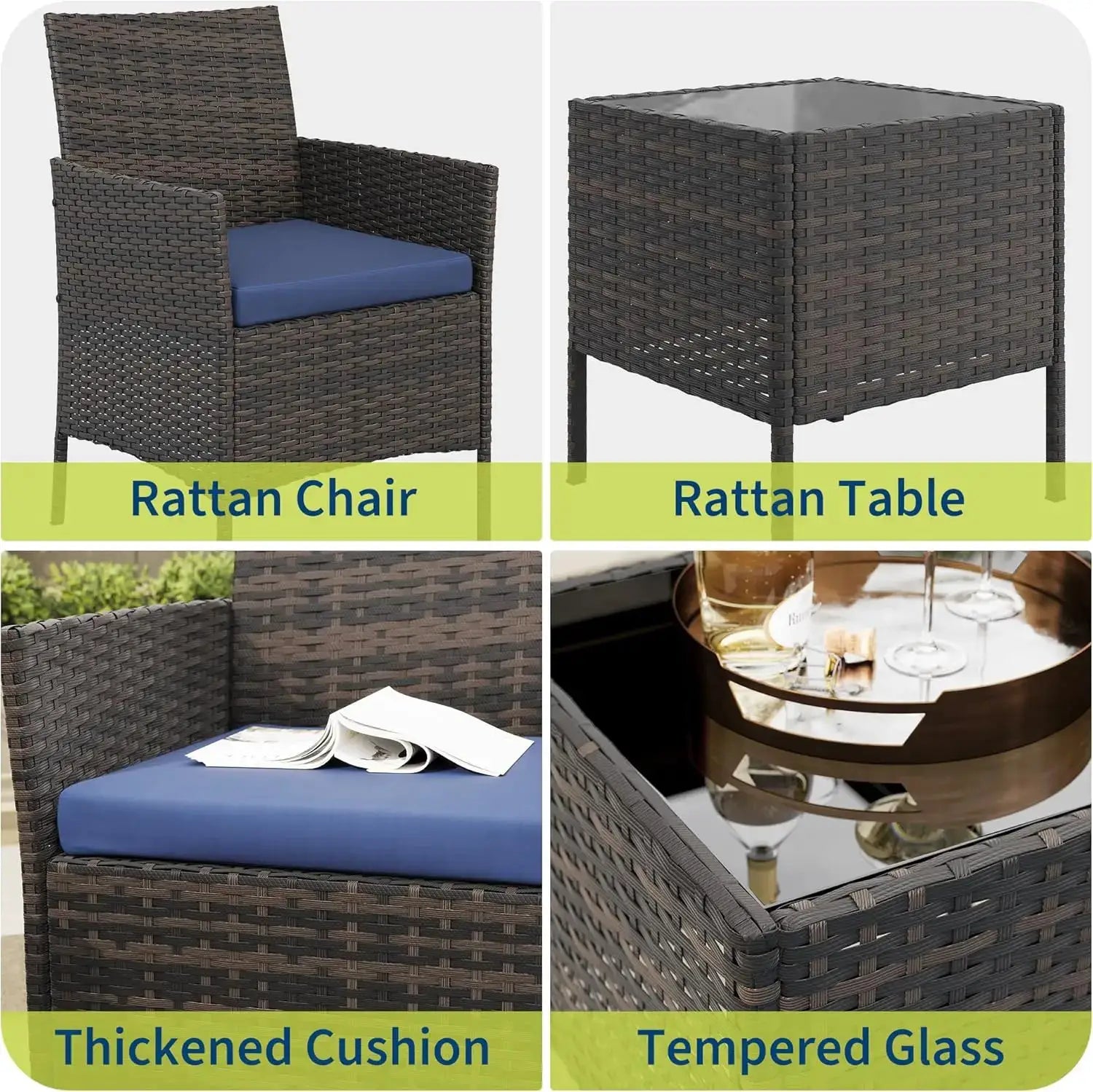 3 Piece Outdoor Patio Furniture Set, PE Rattan Wicker Chairs with Soft Cushions, Tempered Glass Coffee Table, All Weather Conversation Set for Garden Porch Poolside Balcony from PriceLows™