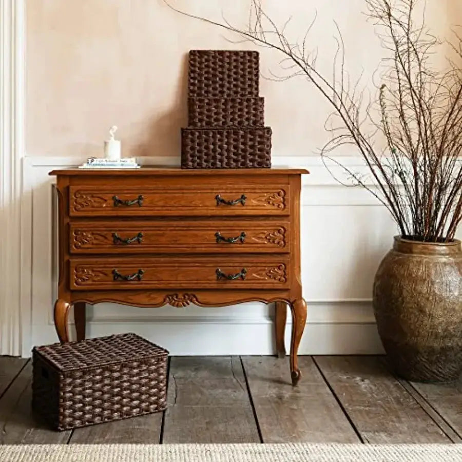 Wicker Baskets with Lids, Set of 3 Decorative Storage Boxes, Woven Basket for Organizing, Storage and Organizer Baskets from PriceLows™
