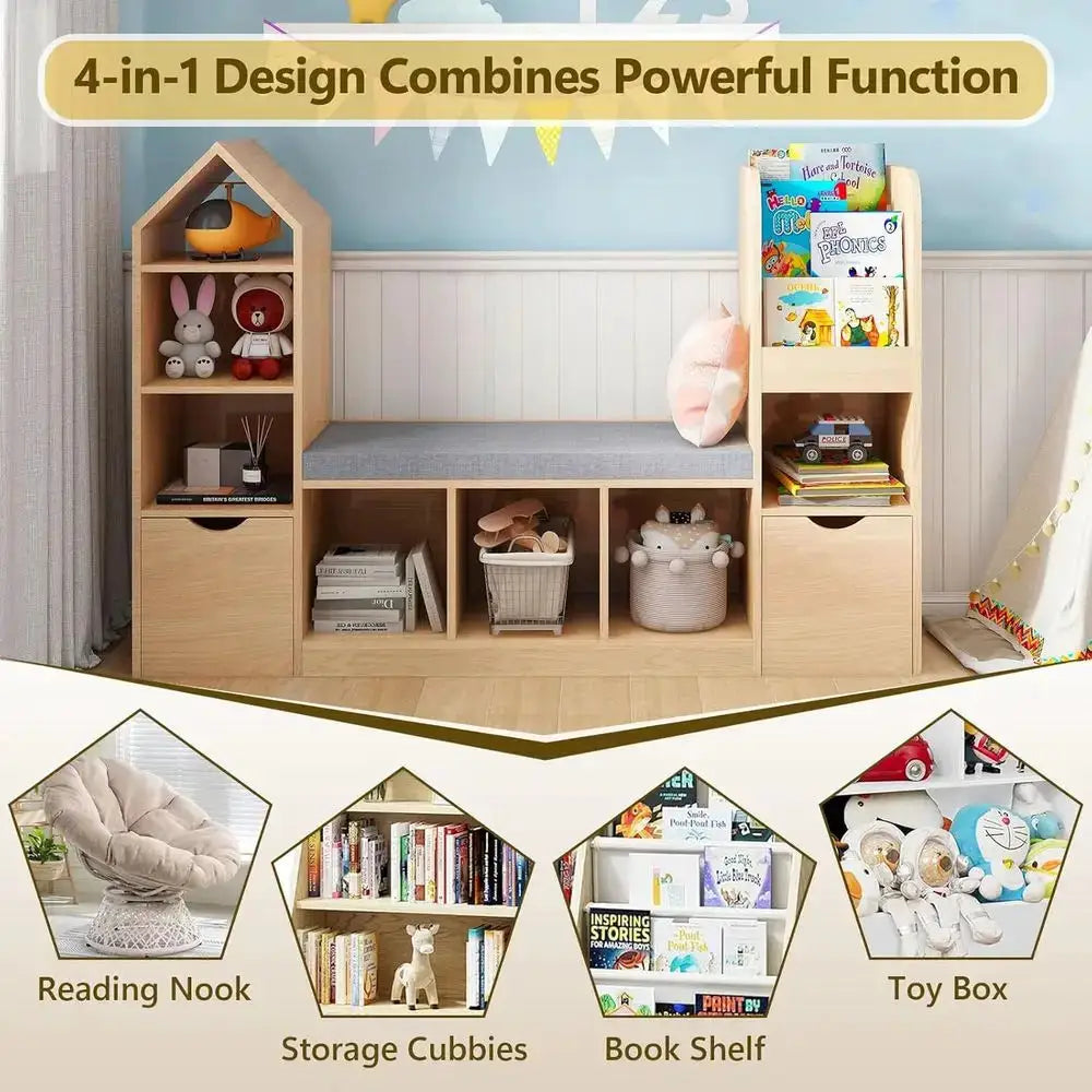 Children's Oak Bookcase with Reading Nook, 7 Storage Shelves & 2 Movable Stools, Seat Cushion or Toy Storage for Bedroom from PriceLows™