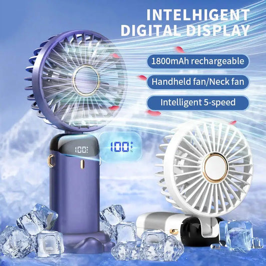 Portable Handheld Mini Fan Foldable Neck Hanging Fans 5 Speed USB Rechargeable Fan with Phone Stand and Display Screen 1800mAh from PriceLows™
