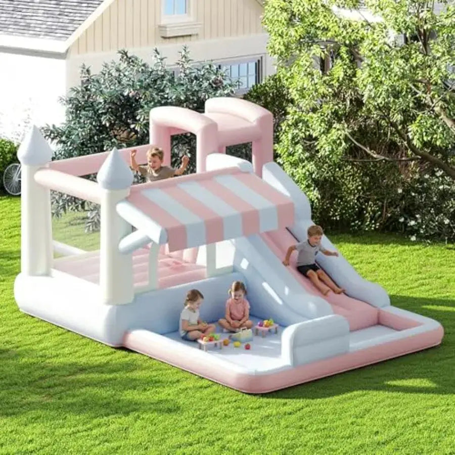 Inflatable Bounce House for indoor outdoor use, PVC material, pastel color, includes water slide, jumping area, climbing wall a from PriceLows™