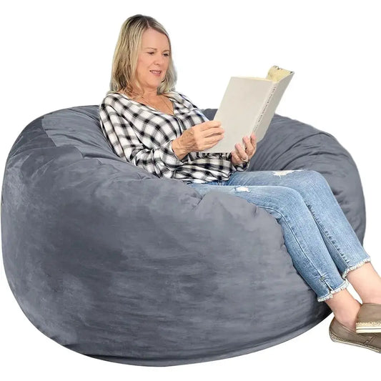 Adult-Sized 3-Foot Memory Foam Bean Bag Chair in Grey Velvet with Pull Handle and Side Pockets from PriceLows™