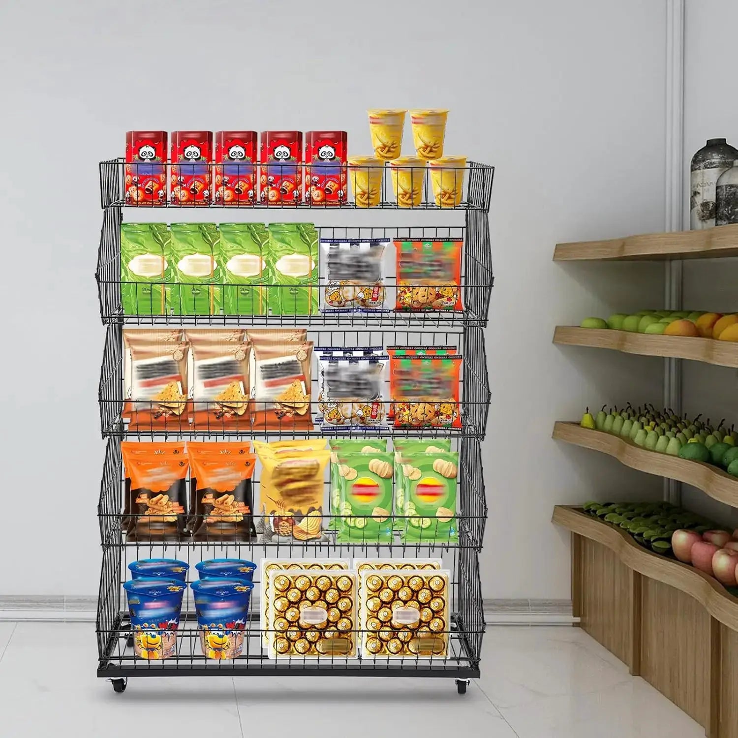 5 Tier Large Wire Metal Mobile Supermarket Storage Shelf,Fruit Vegetable Snack Supply Basket for Home Store Market from PriceLows™