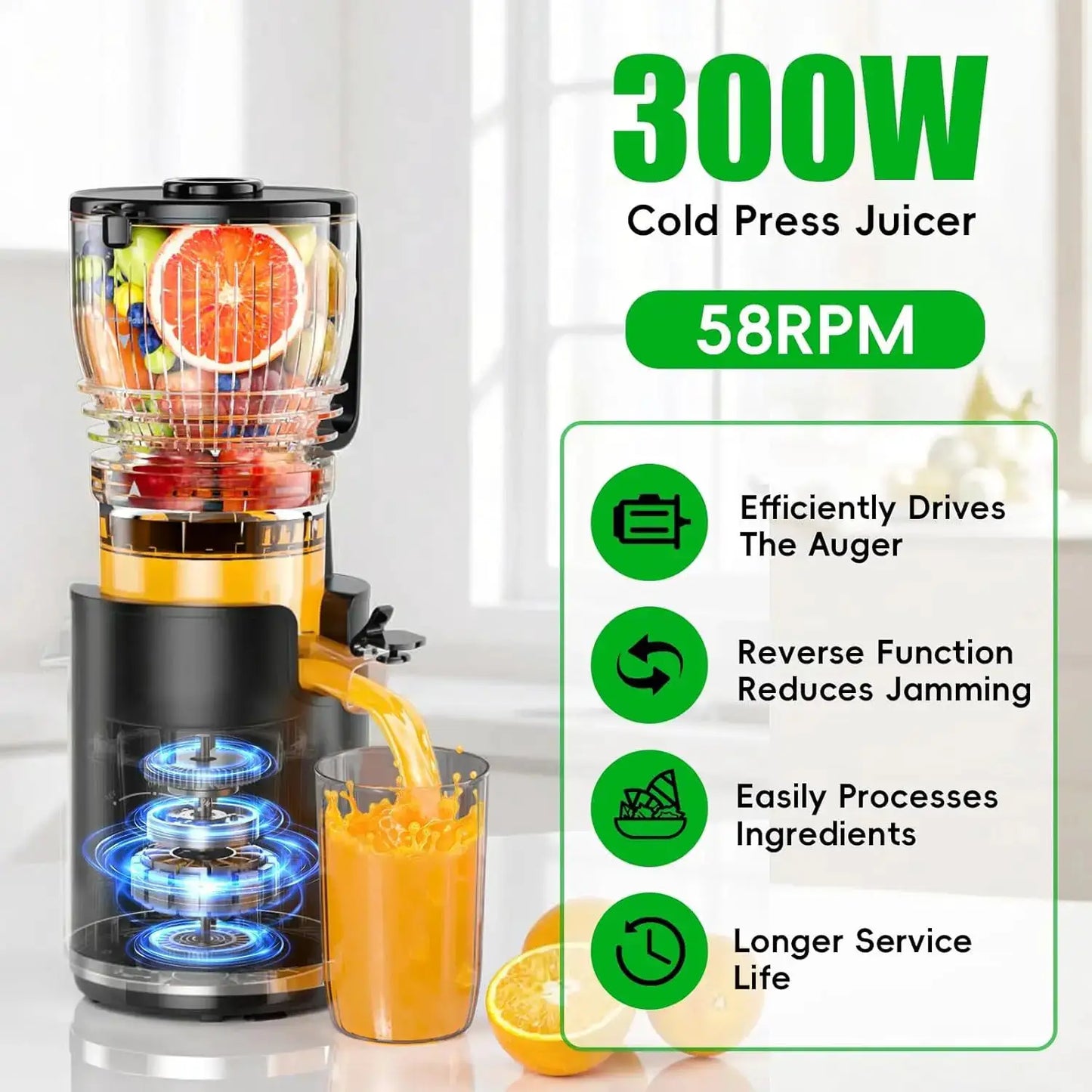 Cold Press Juicer, 300W Slow Masticating, 5.8" Wide Feed, High Juice Yield, Easy Clean from PriceLows™
