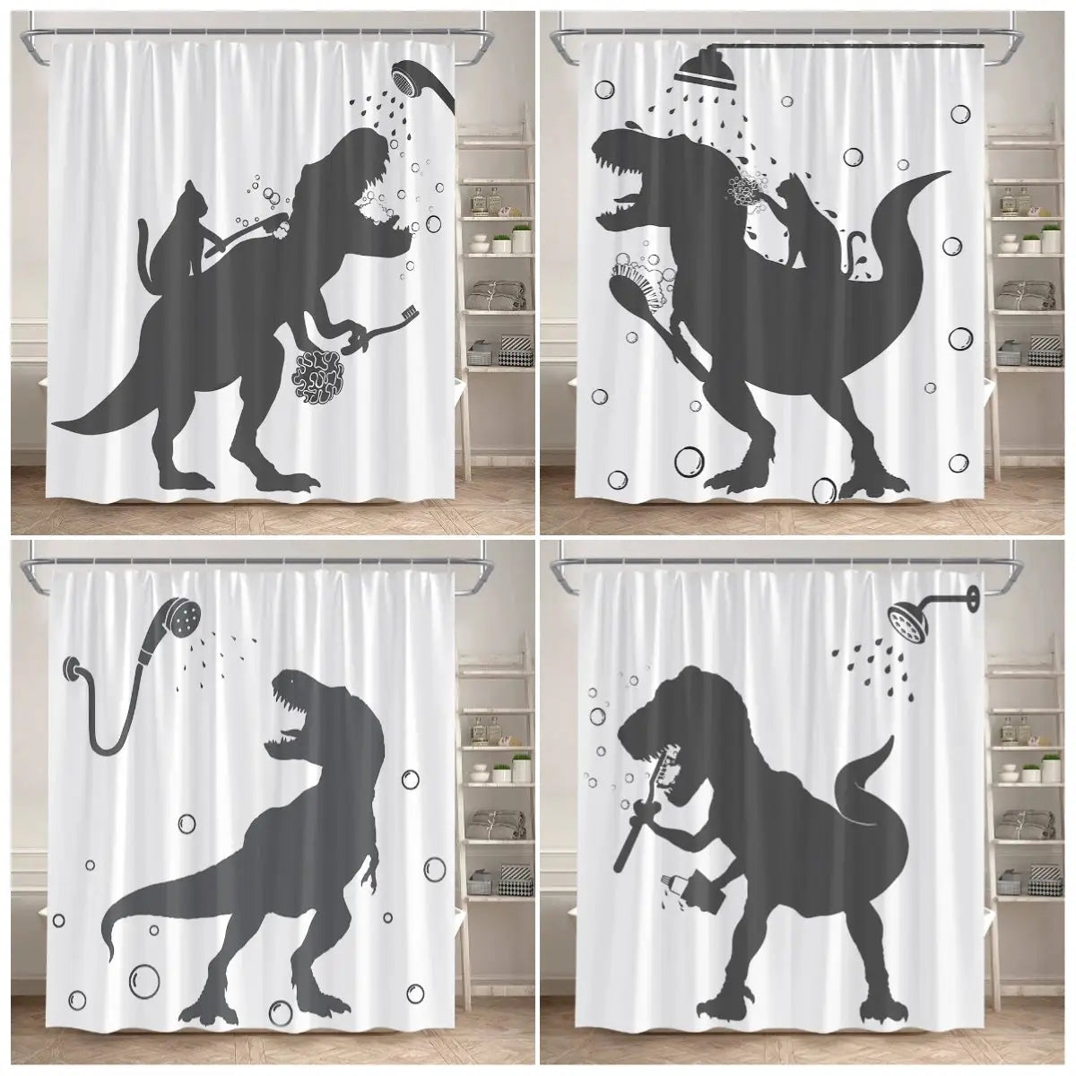 Funny Bathing Dinosaur Shower Curtains Black Cat Animal Silhouette Kids Bath Curtain Modern Polyester Bathroom Decor with Hooks from PriceLows™