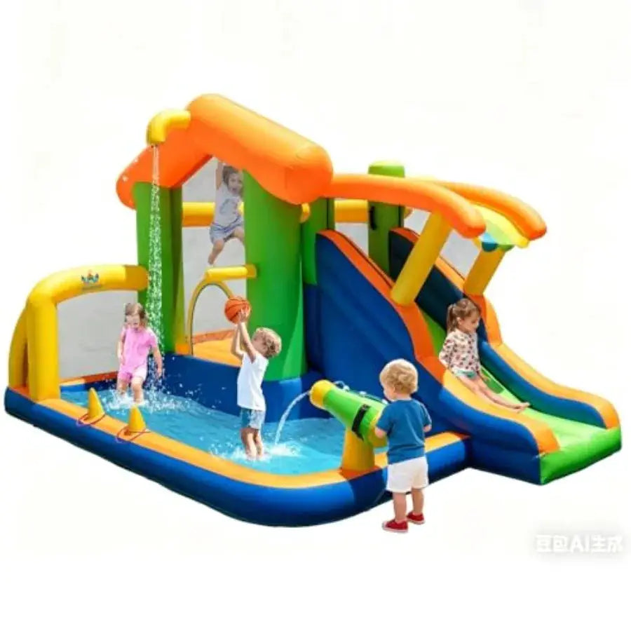 Backyard and indoor inflatable water slide bounce house with ball pit and splash pool, PVC material, blue and yellow, 8-in-1 pl from PriceLows™