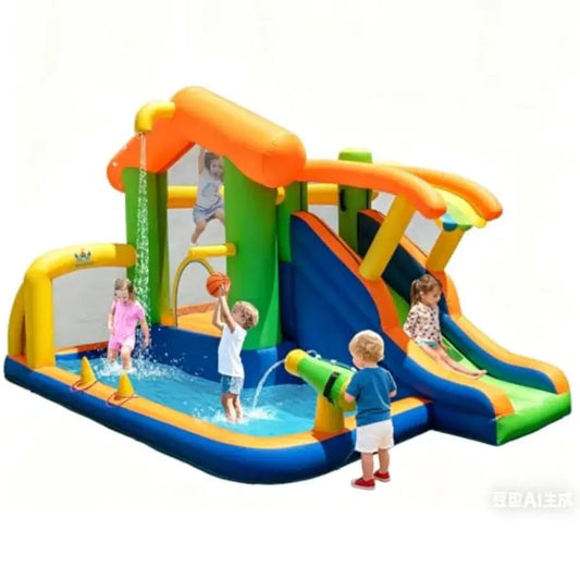 Backyard and indoor inflatable water slide bounce house with ball pit and splash pool, PVC material, blue and yellow, 8-in-1 pl from PriceLows™