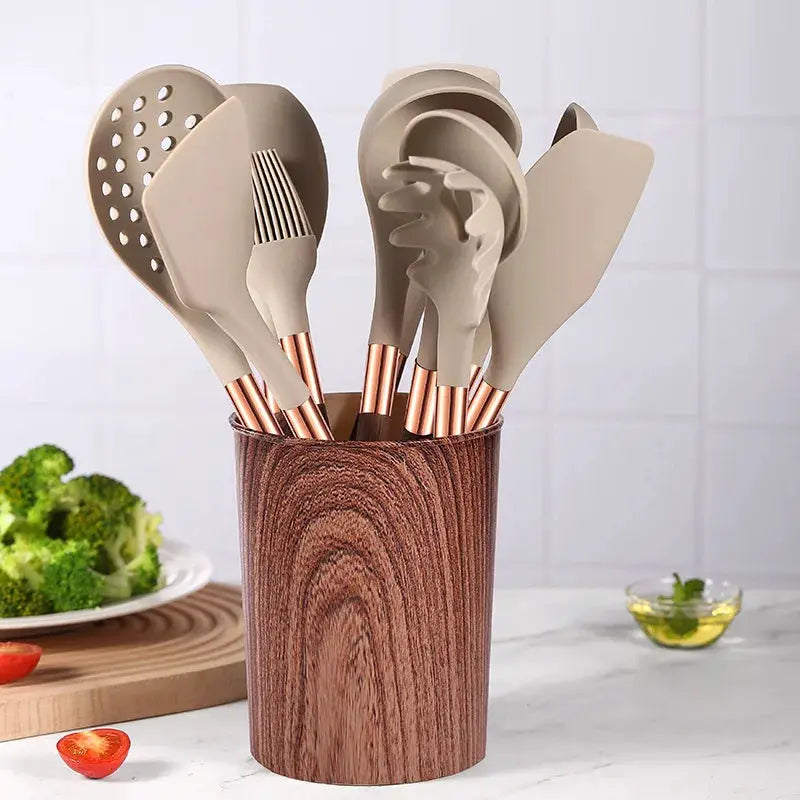 Silicone Wood Grain Kitchenware 11-piece Set Non-stick Pan, Spoon Set, Anti-scalding Wood Grain Handle Cooking Utensils from PriceLows™