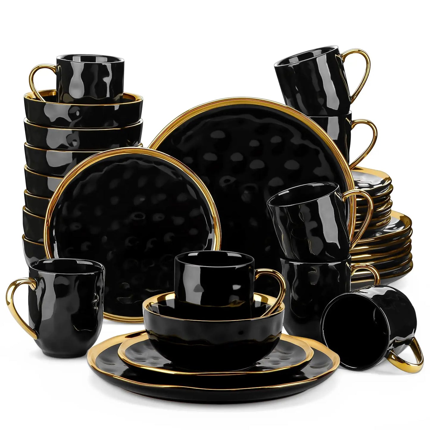 LOVECASA 16/32 Piece Black Porcelain Dinnerware Set with Gold Trim Dessert Plate,Dinner Plate,Cup,Bowl Tableware Set from PriceLows™