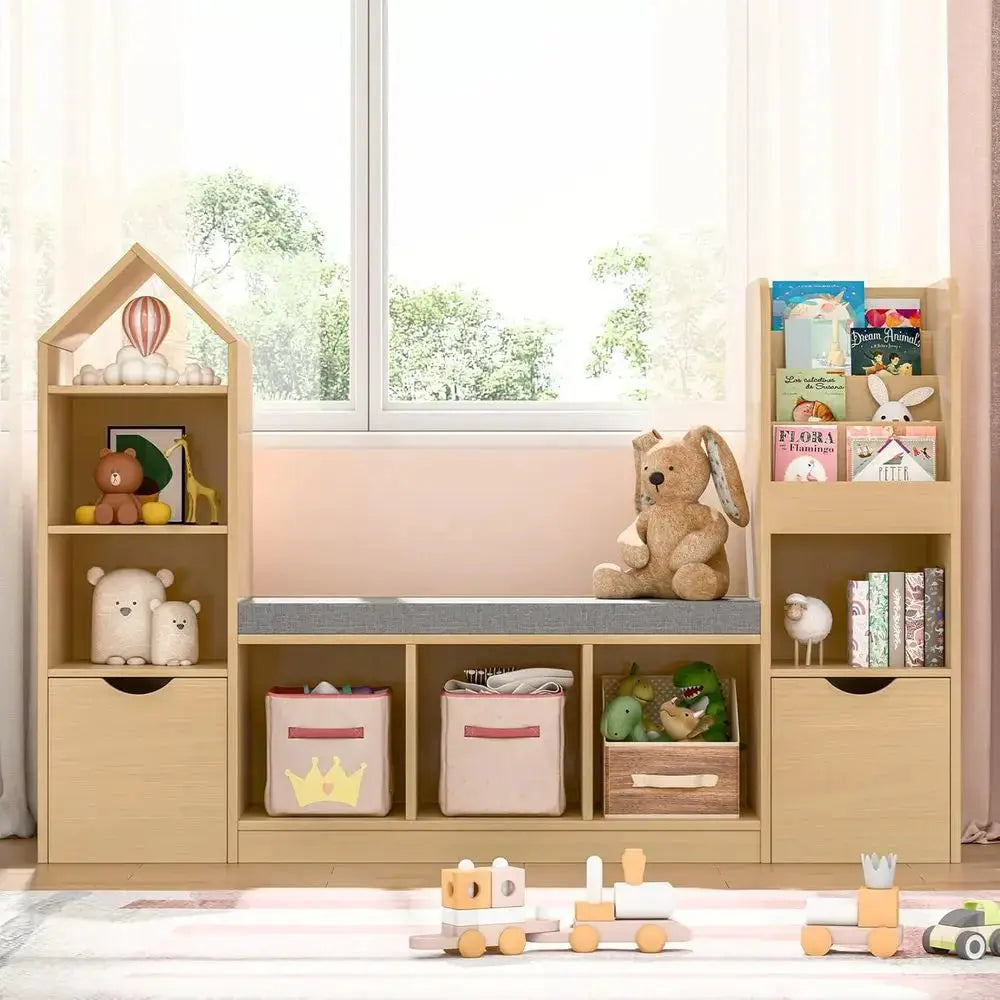 Children's Bookshelf with Reading Nook, Storage Organizer, Seat Cushion, 2 Movable Desks, 7 Storage Cubbies, Suitable for Playro from PriceLows™