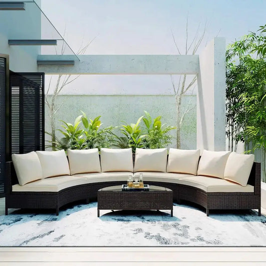All-Weather Brown PE Rattan Half-Moon Sofa Set with Tempered Glass Table, Outdoor Patio Sectional Furniture for Garden and Pools from PriceLows™