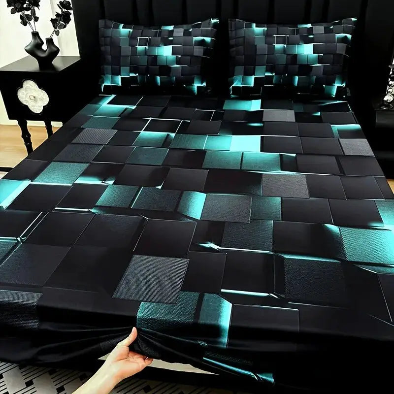 3pcs Cool Technology Digital Printing Material Plaid Fitted Sheet(1pc Bed Sheet+2pcs Pillowcase No Filling) Deep Pocket In 15 In from PriceLows™
