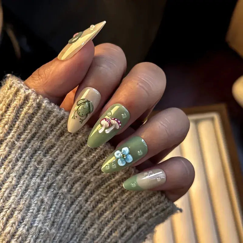 Press On Nails | Almond Shape | Green Lotus Frog Design | 24 Piece Kit