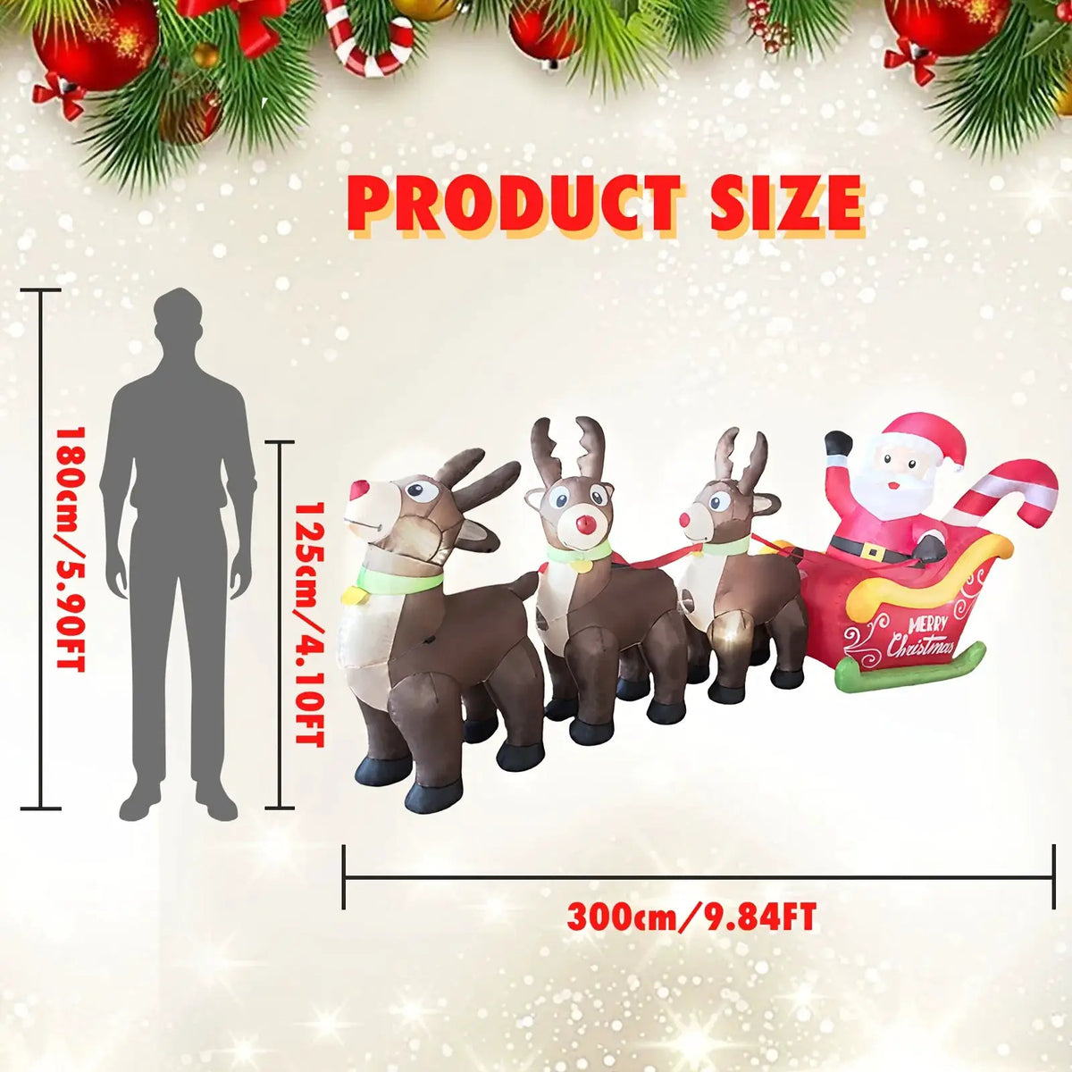 Christmas Inflatable Santa Sleigh | 9.8Ft LED | 3 Reindeer | Garden Lawn