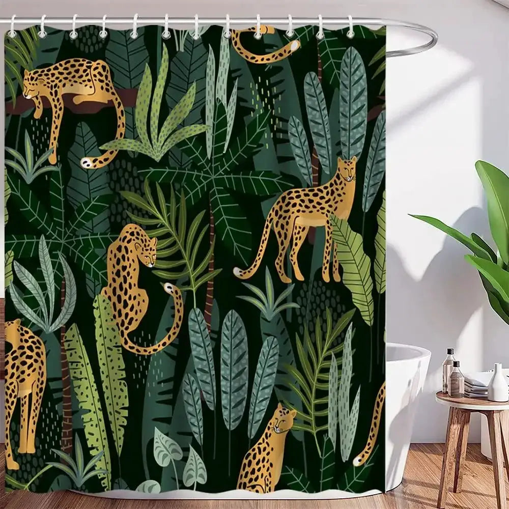 Boho Cheetah Shower Curtain,Tropical Leopard Wildlife Bath Curtain,Modern Pink Aesthetic Moon Phase Blue Floral Bathroom Curtain from PriceLows™