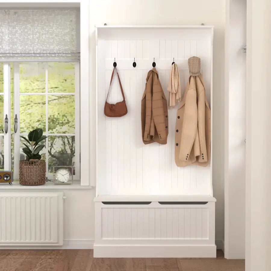Entryway Bench with Standing Coat Rack Hall Tree with Shoe Storage Bench Entryway Organizer with 5 Hooks White from PriceLows™