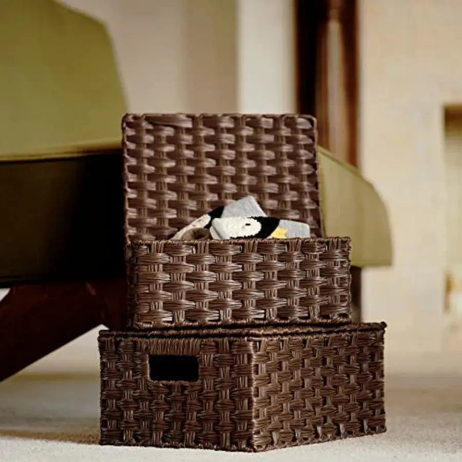 Wicker Baskets with Lids, Set of 3 Decorative Storage Boxes, Woven Basket for Organizing, Storage and Organizer Baskets from PriceLows™