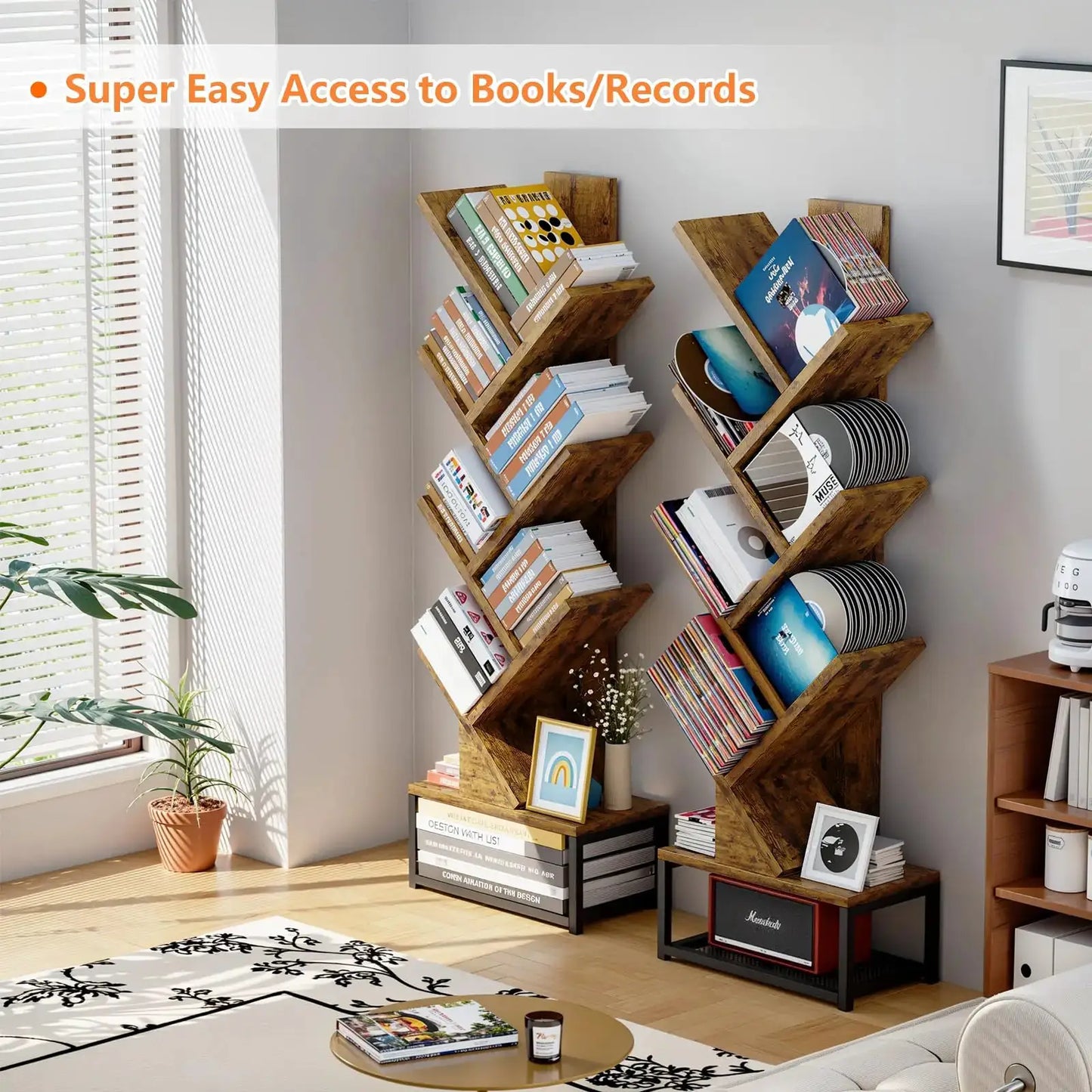 Tree Shaped Bookshelf 6 Tier Rustic Wooden Bookcase With Metal Base For Living Room Bedroom Office from PriceLows™