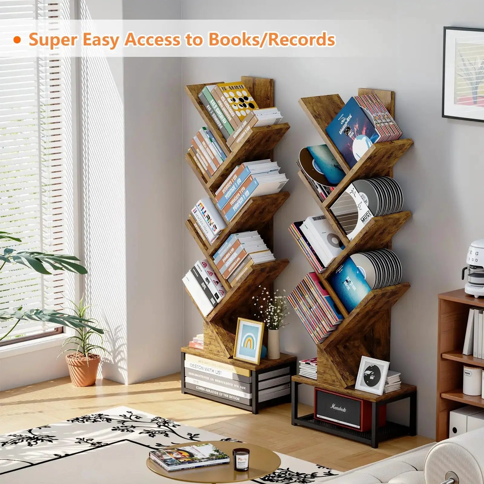 Tree Shaped Bookshelf 6 Tier Rustic Wooden Bookcase With Metal Base For Living Room Bedroom Office from PriceLows™