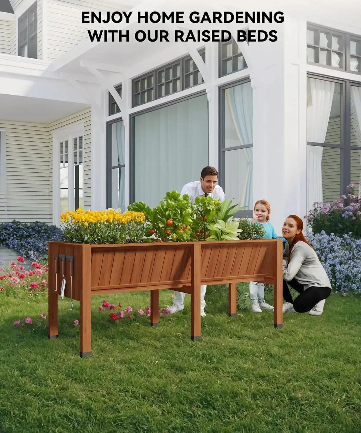 Raised Wooden Garden Bed with Tool Hooks, Elevated Planter Box with Legs, Rectangle Veg Trough Planter for Flower Vegetable from PriceLows™