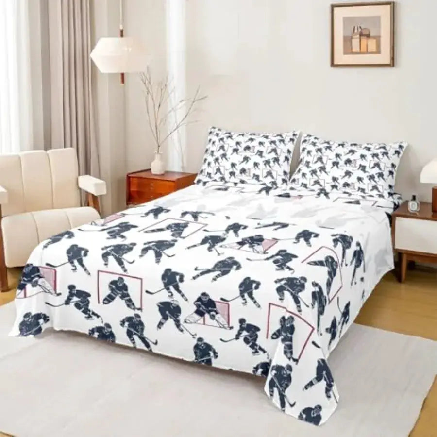 Sheet Set Sports Event Bedding Set Player Bed Sheets for Boys Bedroom Decor Soft Winter Sports Puck Bed Cover, 1 Fitted Sheet+2 from PriceLows™