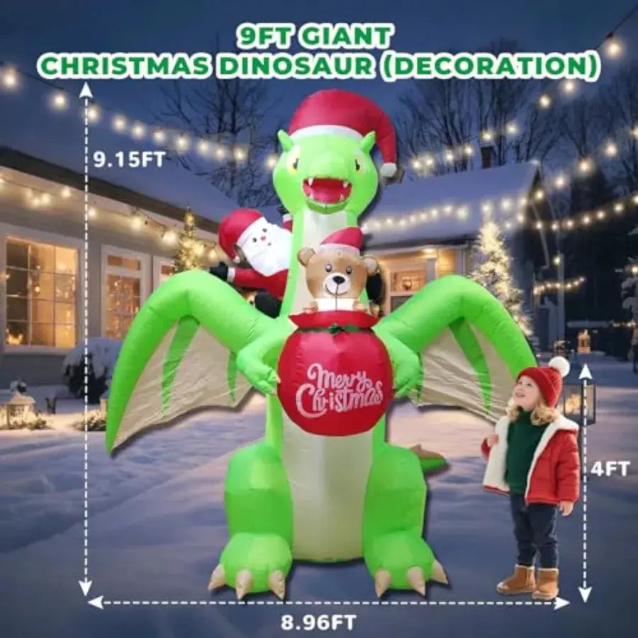 Dinosaur Inflatable | 9 Ft With Led Lights | Santa Riding Dinosaur
