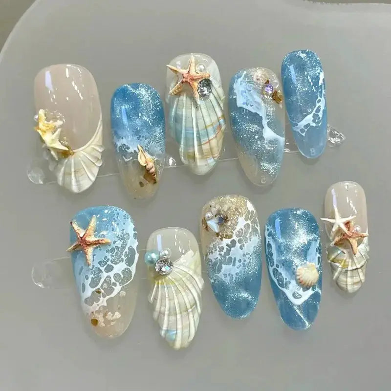 Press On Nails | 3D Seashell Design | Almond Shape | 24 Piece Set