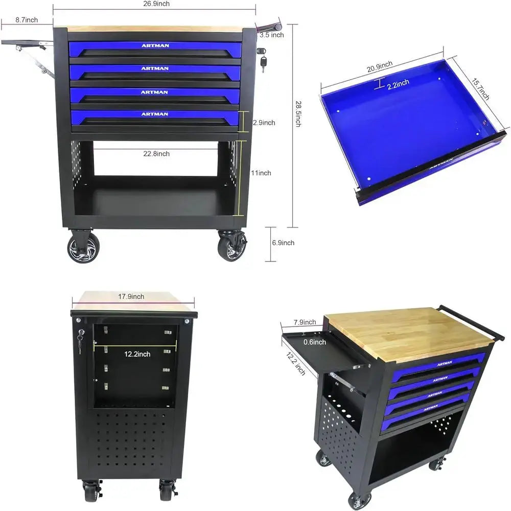 Portable 4-Drawer Rolling Tool Chest with Wooden Top, Blue Mechanic Workbench for Garage and Repair Shop Storage from PriceLows™