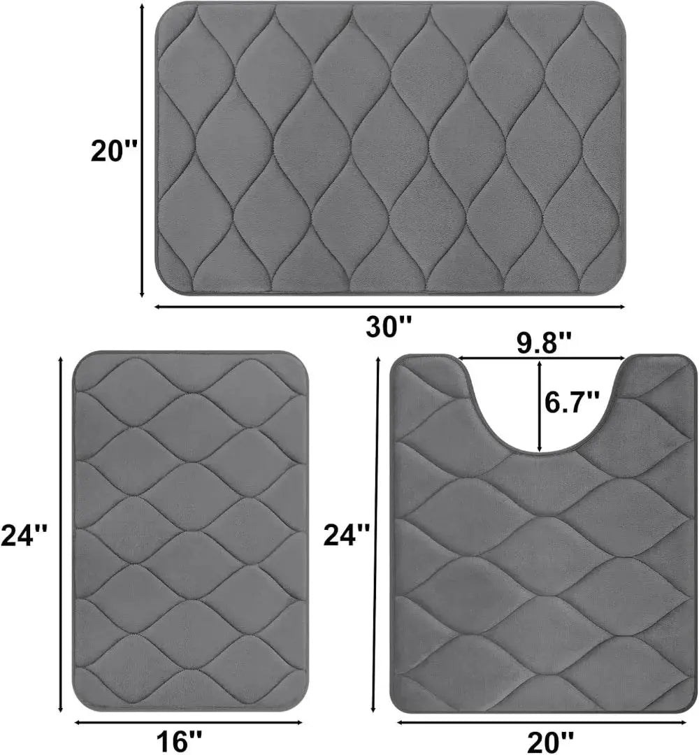 Super Soft Non-Slip Bath Mat Set of 3 - Water Absorbent, Washable Ogee Design, Dark Grey from PriceLows™